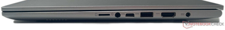 右边：microSD读卡器，3.5毫米组合音频插孔，USB 3.2 Gen1 Type-C，USB 3.2 Gen1 Type-A，HDMI 1.4输出，DC输入