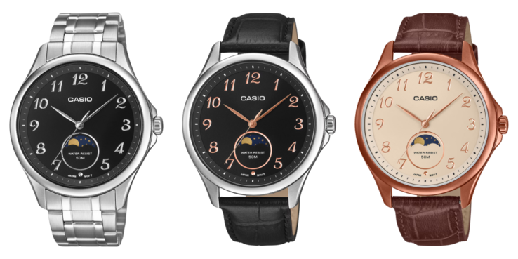 从左到右：卡西欧 MTP-M110D-1AV、MTP-M110L-1AV 和 MTP-M110RL-5AV 手表。(图片来源：卡西欧）