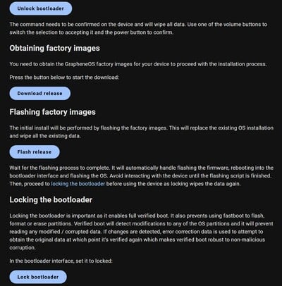 与 Pixel 在线恢复工具类似,只需点击 4 次在线安装程序即可安装 Graphene(图片来源:GrapheneOS)