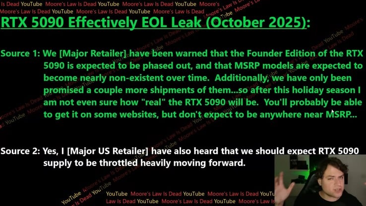 据报道,未来几个月 RTX 5090 的供应量将大幅减少。(图片来源:摩尔定律已死)
