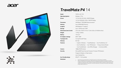 宏碁 TravelMate P4 14：规格。(来源：宏碁）
