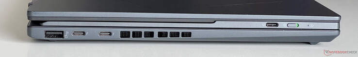 左：USB-A 3.2 Gen.1（5 Gbit/s）、2x USB-C 4.0（带雷电 4（40 GBit/s）、DisplayPort、Power Delivery）、USB-C（用于为蓝牙键盘充电