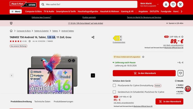 Tabwee T50 在多个地区销售，配备 6GB 内存和 128GB 存储空间。