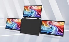 图中展示的是宏碁 PD163Q-P3 便携式显示器，其主体位于中央，两侧环绕着三块 1080p 15.6 英寸显示屏 