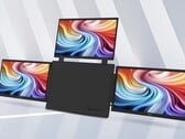 图中展示的是宏碁 PD163Q-P3 便携式显示器，其主体位于中央，两侧环绕着三块 1080p 15.6 英寸显示屏 
