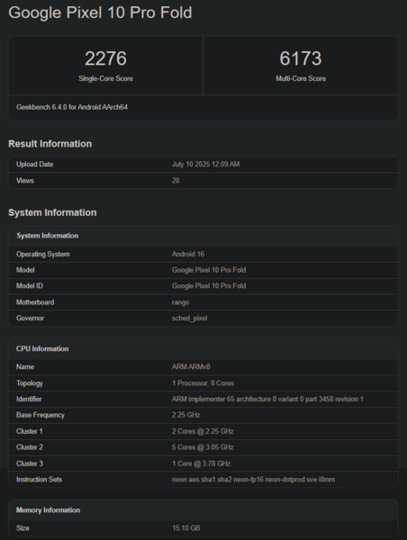 张量 G5 Geekbench 跑分（图片来源：Geekbench）