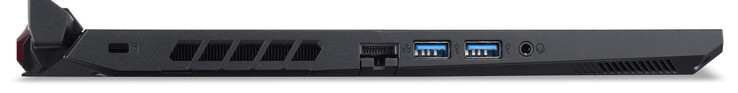 左侧。电缆锁插槽，千兆以太网，2个USB 3.2 Gen 1（Type-A），组合式音频