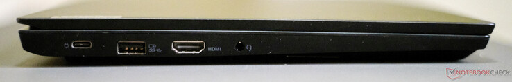 左边：USB-C 3.2 Gen 1（包括DisplayPort 1.2 +充电），USB-A 3.2 Gen 1，HDMI 1.4b，插孔