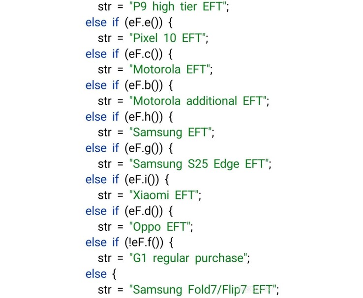 显示 APK 拆解的代码片段，其中引用了 Pixel 10、三星 Fold7/Flip7、S25 Edge 和其他符合 Gemini AI Pro 试用资格的Android 设备。(图片来源：AssembleDebug viaAndroid Authority)