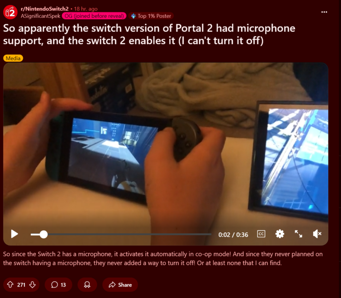傳送門 2 Switch 2 麥克風始終開啟演示（圖片來源：截圖，任天堂 Switch 2 subreddit）