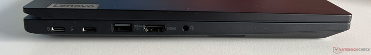 左：USB-C 3.2 Gen 1（5 Gbps、DisplayPort ALT 模式 1.4、电力传输）、USB-C 3.2 Gen 2（10 Gbps、DisplayPort ALT 模式 1.4、电力传输）、USB-A 3.2 Gen.1（5 Gbps、电力传输）、HDMI 1.4b、3.5 mm 音频