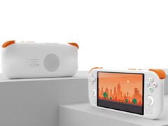 Mangmi AIR X 手持设备（白色和橙色），带显示屏和后置扬声器。(图片来源：Mangmi）