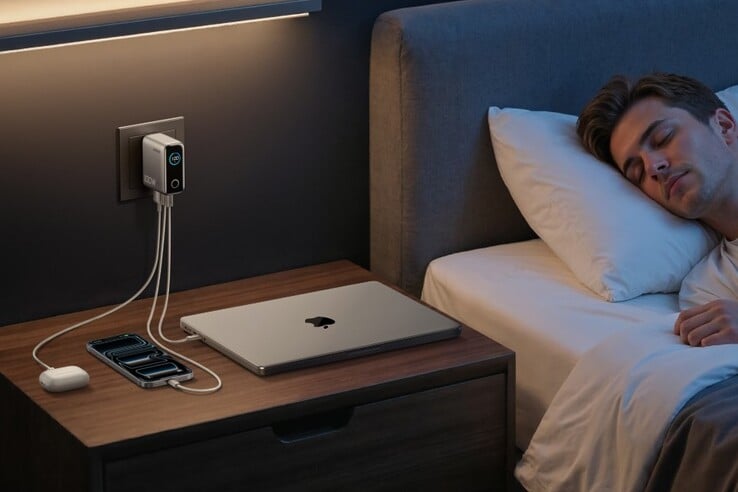 Anker 充电器（100W、3 个端口、智能显示屏）可同时为 MacBook、iPhone 和 AirPods 提供足够的电量。(图片来源：Anker）