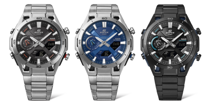 从左至右：卡西欧 Edifice ECB-2300D-1A、ECB-2300D-2A 和 ECB-2300DC-1A 手表（图片来源：Ersa Watch，经编辑）