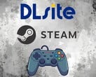 控制器上方的 DLsite 和 Steam 徽标（图片来源：DLsite，Steam 有编辑）