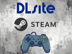控制器上方的 DLsite 和 Steam 徽标（图片来源：DLsite，Steam 有编辑）