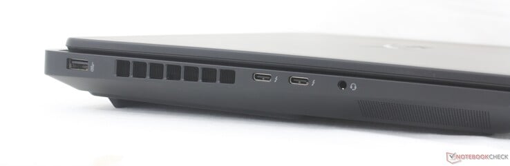 左侧：USB-A (10 Gbps)，2x USB-C Thunderbolt 4，支持 DisplayPort 2.1 + Power Delivery 3.1 (40 Gbps)，3.5 mm 耳麦接口
