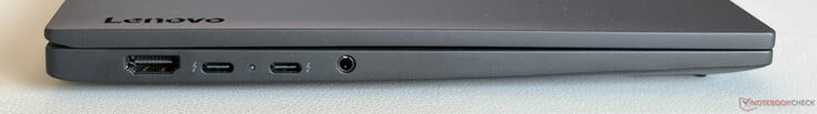 左侧：HDMI 2.1、2× USB-C 4.0（含 Thunderbolt 4（40 Gbit/s、DisplayPort Alt Mode 2.1、Power Delivery 3.0））、3.5 mm 音频
