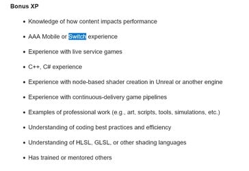 大锤游戏公司(Sledgehammer Games)的《使命召唤》招聘广告中提到了 Switch(图片来源:截图,Activision Careers