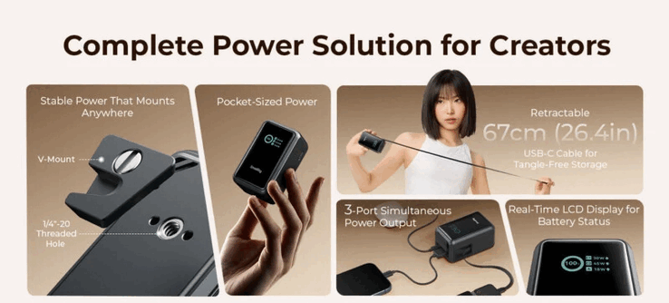 Nano 72 电池容量达 20,000mAh,支持双向 100W 充电,专为长时间拍摄和重型设备设计。