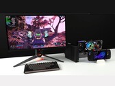 显示器连接 Minisforum MSA2 mini PC（搭配 Oculink eGPU 底座中的 AMD Radeon RX 9070 XT），显示器与华硕 ROG Ally X 手持设备一起运行《边陲 4》（图片来源：ETA PRIME via YouTube