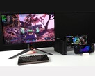 显示器连接 Minisforum MSA2 mini PC（搭配 Oculink eGPU 底座中的 AMD Radeon RX 9070 XT），显示器与华硕 ROG Ally X 手持设备一起运行《边陲 4》（图片来源：ETA PRIME via YouTube