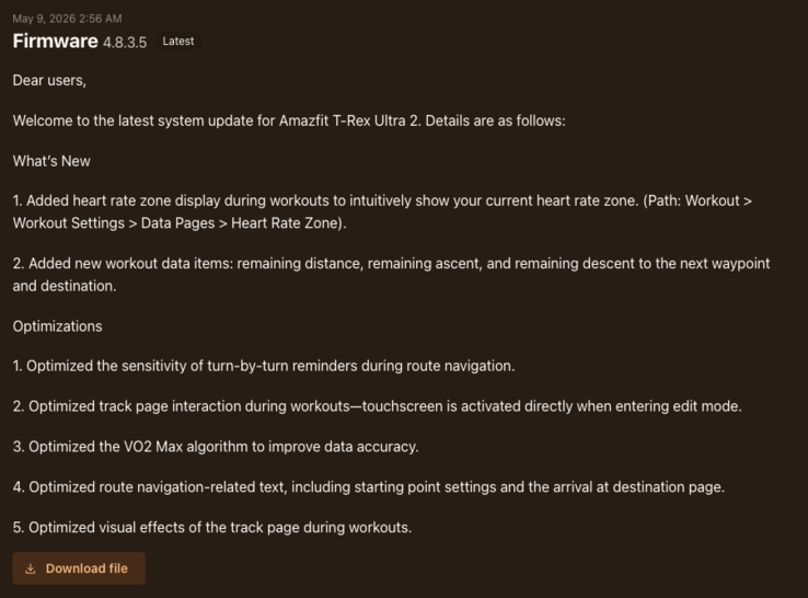 Amazfit T-Rex Ultra 2 智能手表 3.8.0.5 版固件的发布说明
