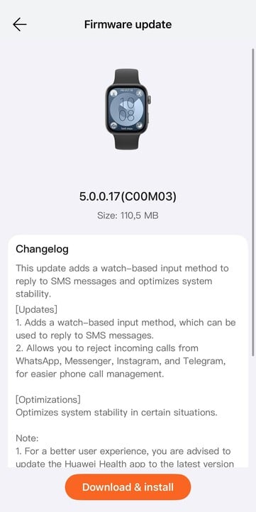 华为 Watch Fit 3 固件 5.0.0.17 版本的更改日志。(图片来源：u/Eyas-Alhamwi via Reddit）