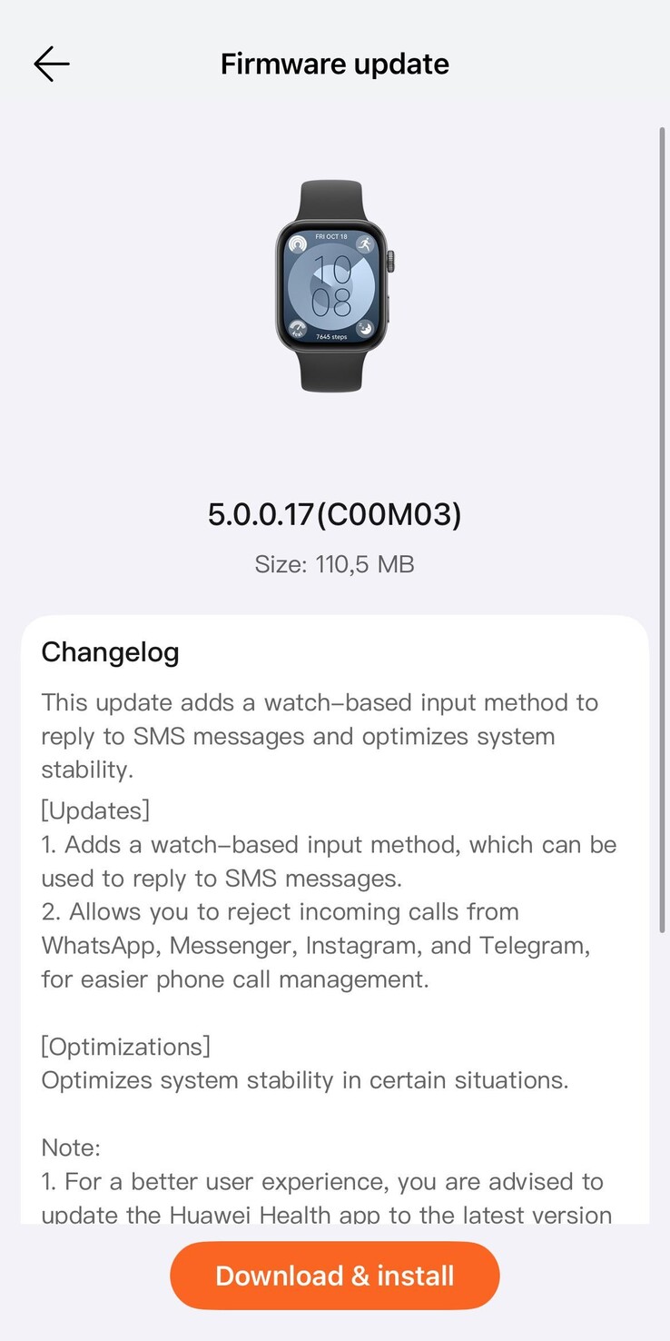 华为 Watch Fit 3 固件 5.0.0.17 版本的更改日志。(图片来源:u/Eyas-Alhamwi via Reddit)