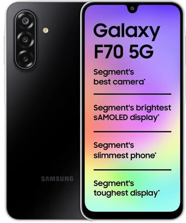 Bold Black 配色的 Samsung Galaxy F70 5G，展示正面和背面
