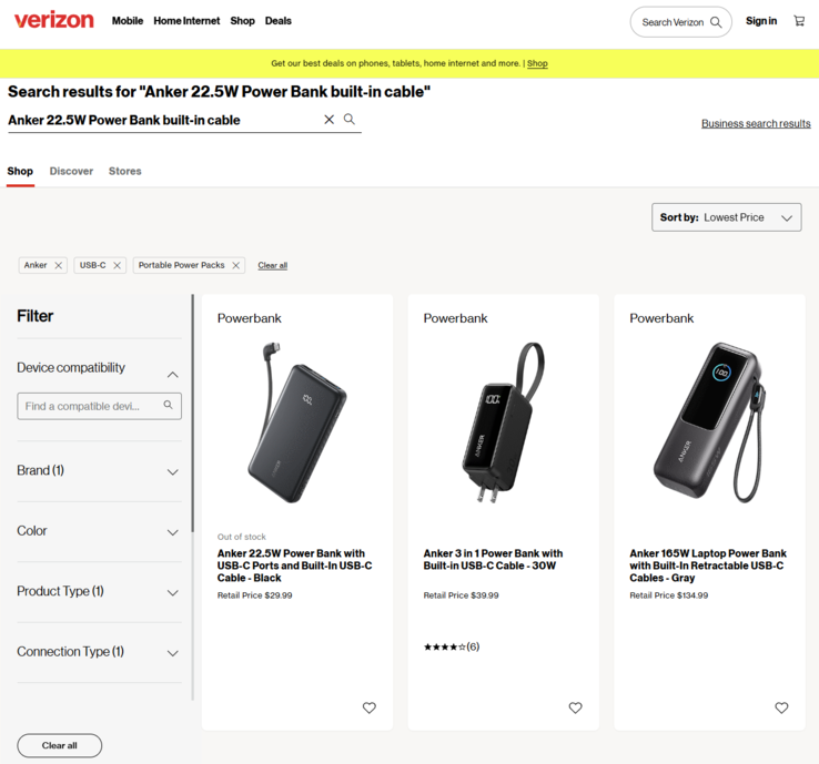 新款 Anker 电源箱的 Verizon 清单截图。(图片来源：Verizon）