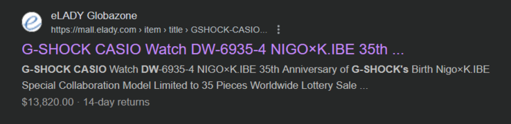 卡西欧 G-Shock DW-6935-4，网上售价近 14,000 美元。(图片来源：Google）