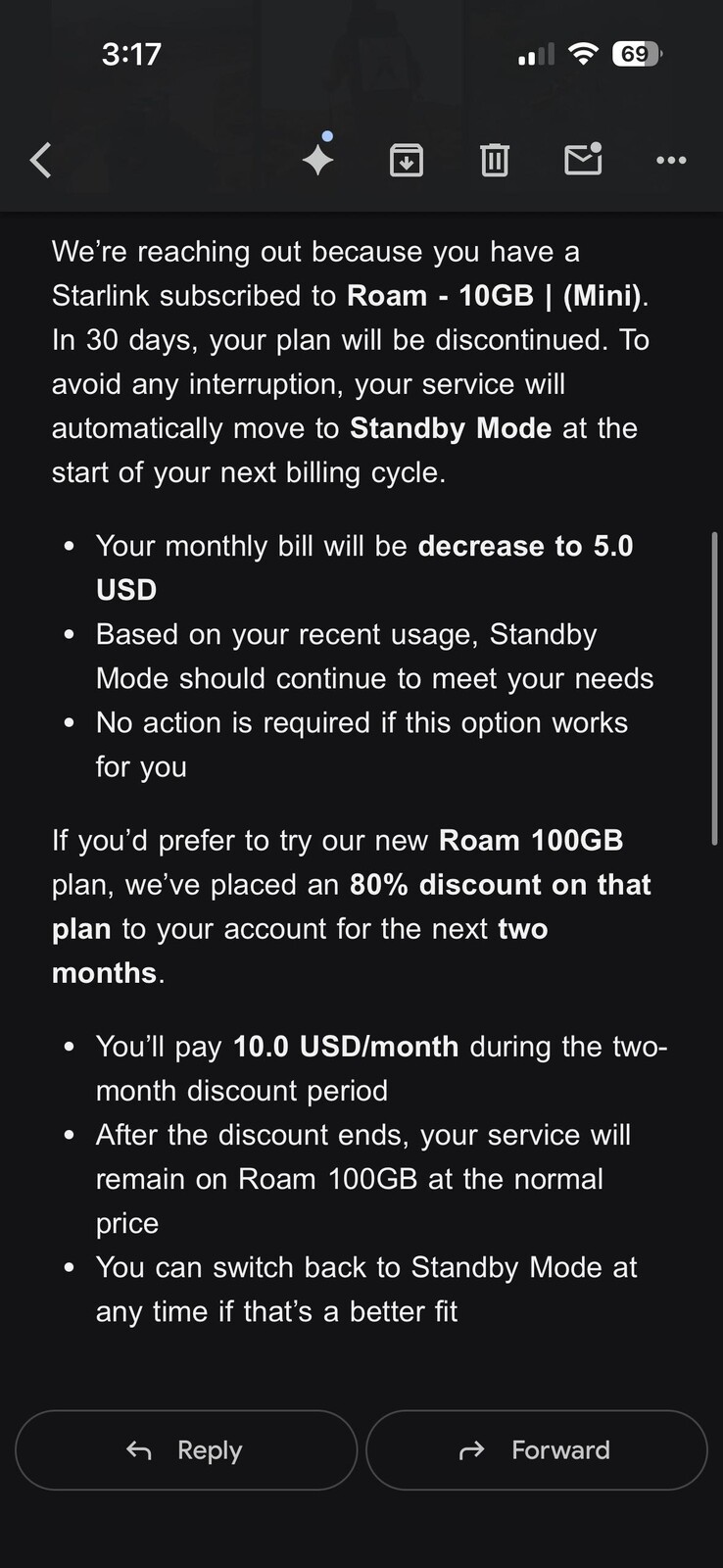 Starlink 将把 10 美元漫游计划变为待机模式。(图片来源：silvertricl0ps/Reddit）