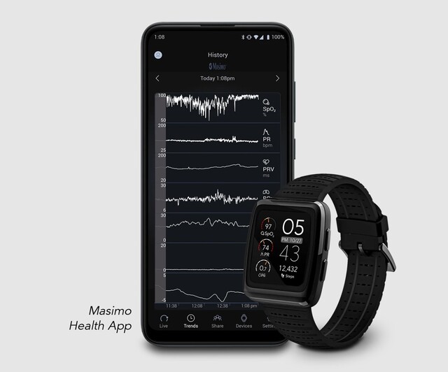 Masimo W1 生命体征可在智能手机上绘制，并由医生实时远程查看。(来源：Masimo）