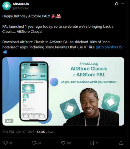 AltStore AltStore Classic X 公告帖（图片来源：截图，AltStore.io X 账户）