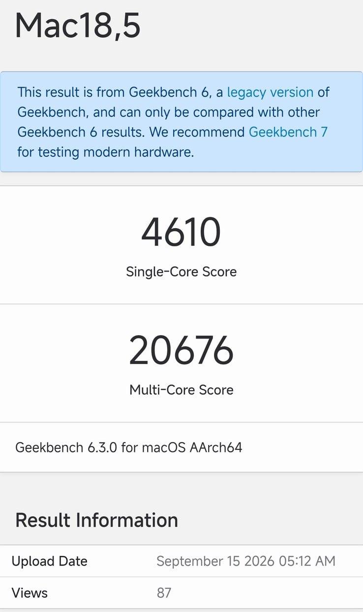 Mac mini M6 在 Geekbench 6.3 上的列表