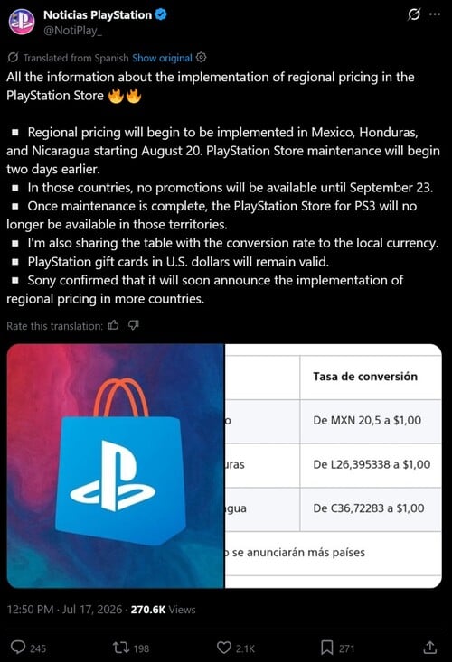 拉丁美洲PlayStation Store定价公告译文如下