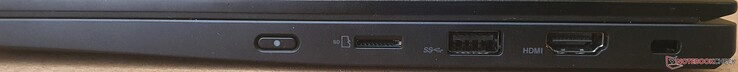 右边：电源按钮，微型SD读卡器，USB-A 3.2 Gen1（供电），HDMI 2.0，安全锁装置