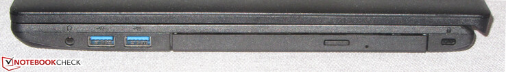侧面：音频组合端口，2个USB 3.2 Gen 1（A型），DVD刻录机，电缆锁的插槽