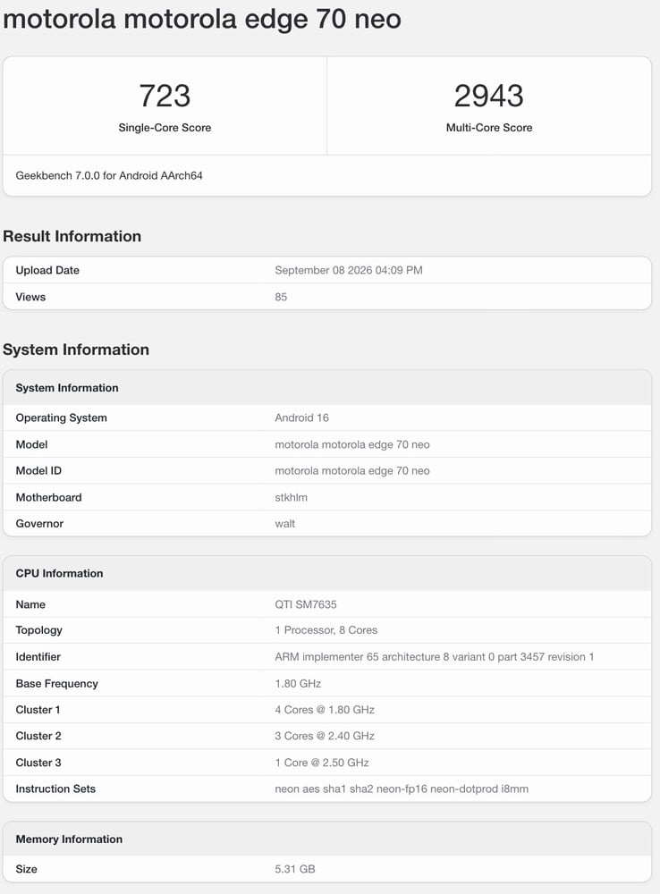 Edge 70 Neo 在 Geekbench 上的列表。