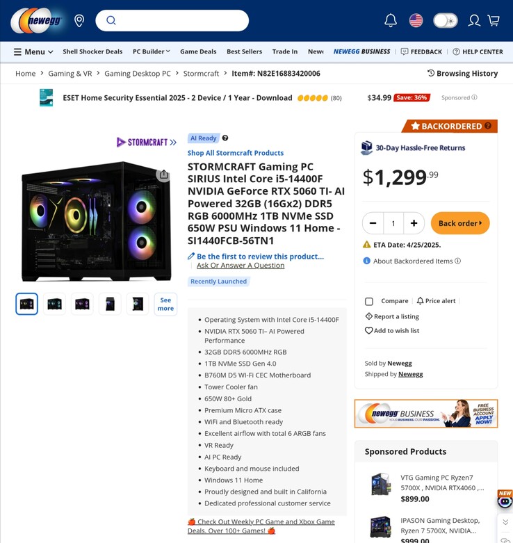 最便宜的 RTX 5060 游戏 PC 显然也要 1299.99 美元。(图片来源：Newegg）