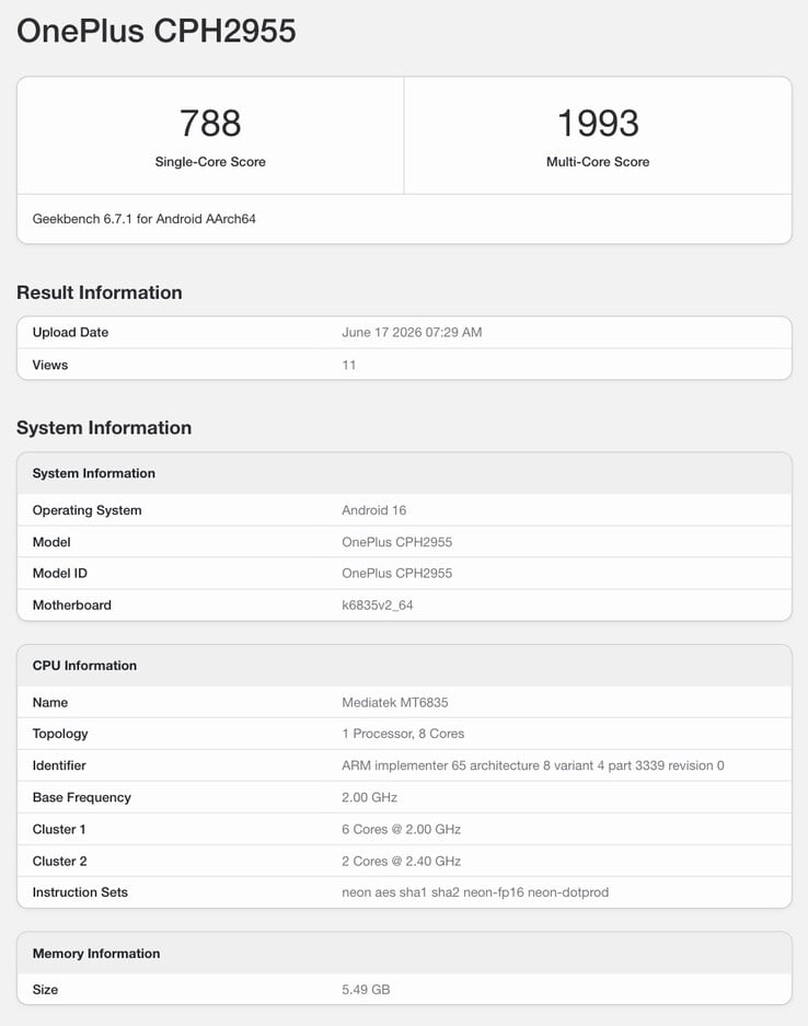 据称是OnePlus N6的Geekbench列表。