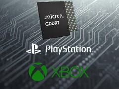 美光 GDDR7 DRAM 下方的 PlayStation 和 Xbox 徽标（图片来源：美光、索尼 PlayStation、Xbox Gaming，有编辑）