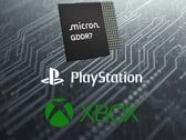 美光 GDDR7 DRAM 下方的 PlayStation 和 Xbox 徽标（图片来源：美光、索尼 PlayStation、Xbox Gaming，有编辑）