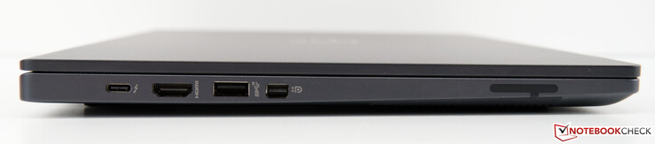 左边：Thunderbolt 4/USB 4 via Type-C, HDMI 2.0b, USB 3.2 Gen2 Type-A, Mini DisplayPort 1.4a