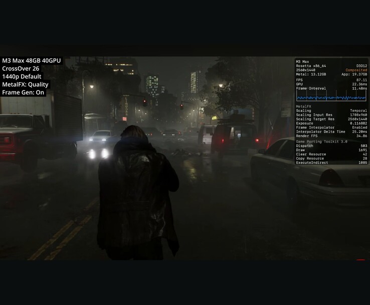 通过 CrossOver 26 在 M3 Max Mac 上以 1440p 运行《生化危机 Requiem》，MetalFX 质量和帧生成显示约 87 FPS。