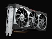 AMD Radeon RX 6800 XT 显卡特写渲染图,采用三风扇散热设计,银色护罩上有醒目的 Radeon 品牌标识。(图片来源:AMD)