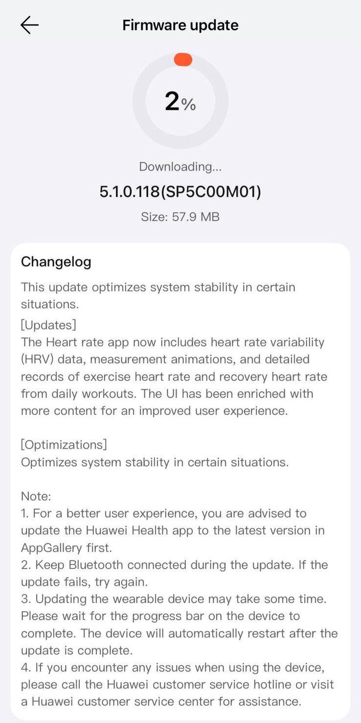 华为 Watch Fit 4 Pro 5.1.0.118 版软件的发布说明。(图片来源：u/Cakerist via Reddit）