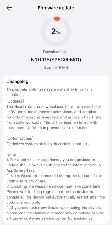 华为 Watch Fit 4 Pro 5.1.0.118 版软件的发布说明。(图片来源：u/Cakerist via Reddit）
