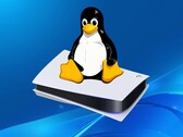 PS5 游戏主机上方显示的 Tux Linux 标志